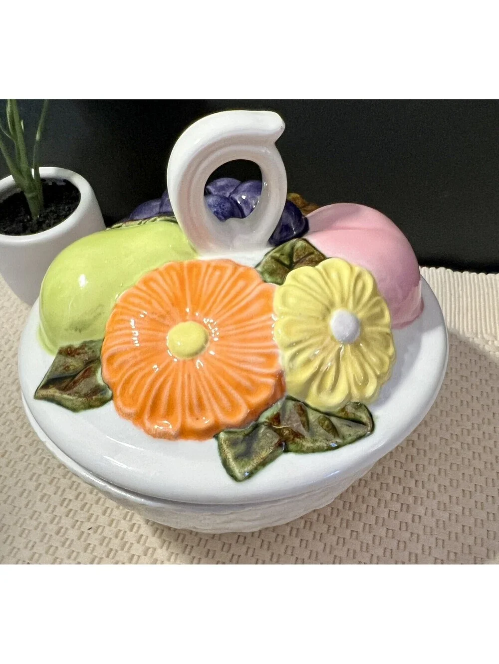 Vintage 1971 Handmade Ceramic Basket Weave Fruit Candy Dish. Lidded Bowl